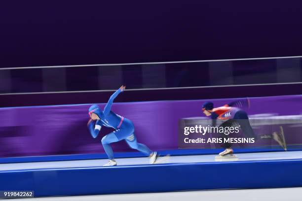 Italy's Francesca Bettrone and Taiwan's Huang Yu-Ting compete in the women's 500m speed skating event during the Pyeongchang 2018 Winter Olympic...