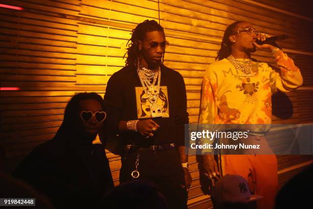 Takeoff, Offset and Quavo of Migos perform as Remy Martin presents Beats Party on February 17, 2018 in Los Angeles, California.