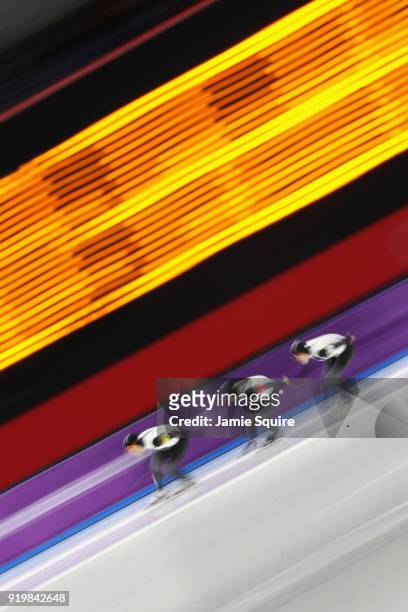 Seitaro Ichinohe of Japan, Shota Nakamura of Japan and Shane Williamson of Japan compete during the Men's Team Pursuit Speed Skating Quarter Finals...