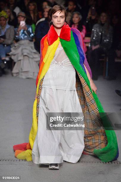 Supermodel Cara Delevingne model walks the runway at the Burberry Prorsum Autumn Winter 2018 fashion show during London Fashion Week on February 17,...