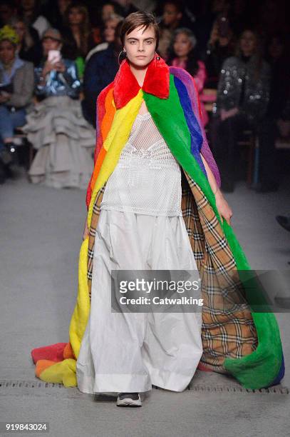 Supermodel Cara Delevingne model walks the runway at the Burberry Prorsum Autumn Winter 2018 fashion show during London Fashion Week on February 17,...