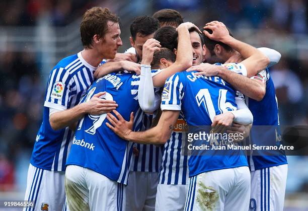 Juan Miguel Jimenez 'Juanmi' of Real Sociedad celebrates after scoring the second goal for Real Sociedad with his team mates during the La Liga match...