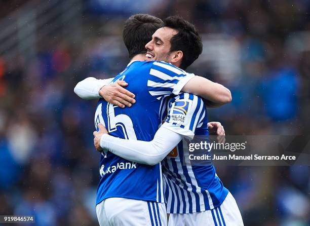 Juan Miguel Jimenez 'Juanmi' of Real Sociedad celebrates after scoring the second goal for Real Sociedad with his team mate Aritz Elustondo of Real...