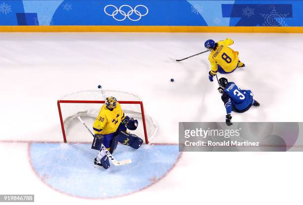Johan Fransson of Sweden controls the puck against Mika Pyorala of Finland in the first period during the Men's Ice Hockey Preliminary Round Group C...