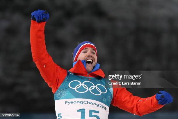 Bronze medallist Emil Hegle Svendsen of Norway celebrates during the victory ceremony for the Men's 15km Mass Start Biathlon on day nine of the...