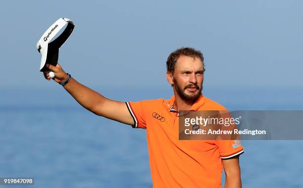 Joost Luiten of the Netherlands celebrates his victory on the 18th green during the final round of the NBO Oman Open at Al Mouj Golf on February 18,...