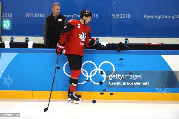 Marc-Andre Gragnani of Canada prepares to warm up prior to the Men's Ice Hockey Preliminary Round Group A game against Republic of Korea on day nine...