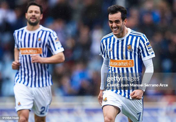 Juan Miguel Jimenez 'Juanmi' of Real Sociedad celebrates after scoring the second goal for Real Sociedad during the La Liga match between Real...