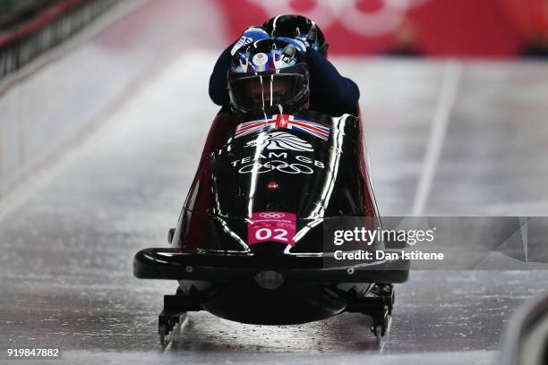 Brad Hall and Joel Fearon of Great Britain slide during two-man Bobsleigh heats on day nine of the PyeongChang 2018 Winter Olympic Games at Olympic...