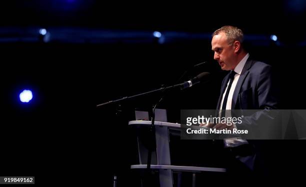 Frank Wettstein, finance director of Hamburger Sport Verein e.V. Talks during Hamburger SV General Assembly at Kuppel on February 18, 2018 in...