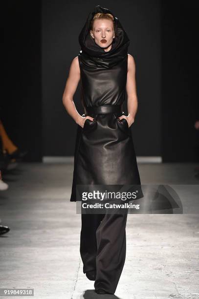 Model walks the runway at the Gareth Pugh Autumn Winter 2018 fashion show during London Fashion Week on February 17, 2018 in London, United Kingdom.