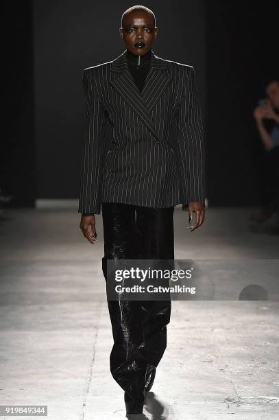 Model walks the runway at the Gareth Pugh Autumn Winter 2018 fashion show during London Fashion Week on February 17, 2018 in London, United Kingdom.