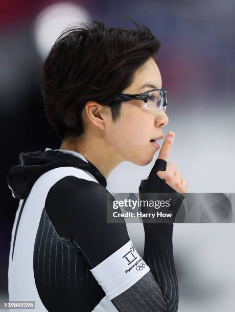 Nao Kodaira of Japan reacts after her race during the Ladies' 500m Individual Speed Skating Final on day nine of the PyeongChang 2018 Winter Olympic...