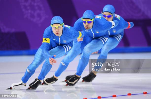 Nicola Tumolero, Andrea Giovannini and Riccardo Bugari of Italy compete during the Men's Team Pursuit Speed Skating Quarter Finals on day nine of the...
