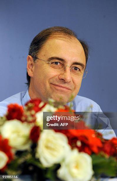 London Stock Exchange Chairman Xavier Rolet speaks to reporters in Colombo on October 19, 2009. French-born Rolet is in Colombo to sign a 30 million...