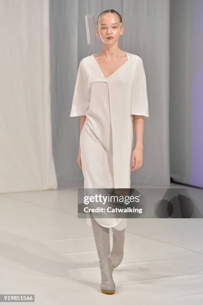 Model walks the runway at the Chalayan Autumn Winter 2018 fashion show during London Fashion Week on February 17, 2018 in London, United Kingdom.