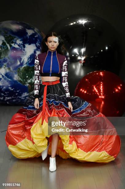 Model walks the runway at the Fyodor Golan Autumn Winter 2018 fashion show during London Fashion Week on February 16, 2018 in London, United Kingdom.