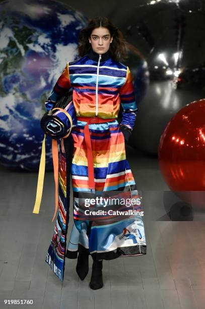 Model walks the runway at the Fyodor Golan Autumn Winter 2018 fashion show during London Fashion Week on February 16, 2018 in London, United Kingdom.