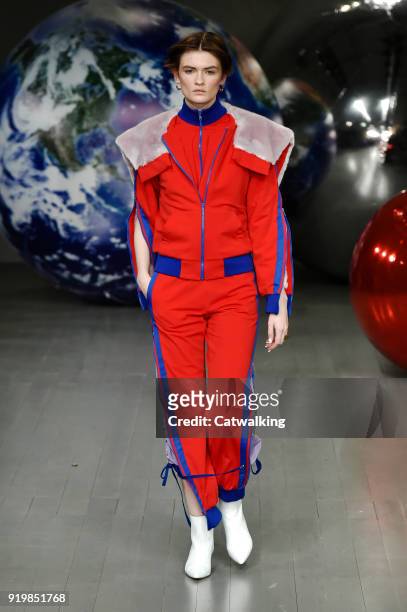 Model walks the runway at the Fyodor Golan Autumn Winter 2018 fashion show during London Fashion Week on February 16, 2018 in London, United Kingdom.