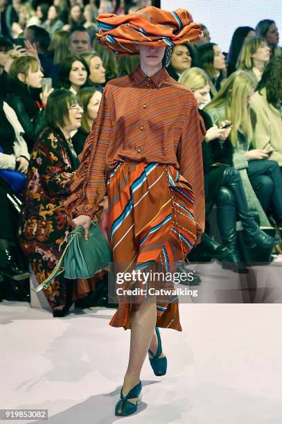 Model walks the runway at the Mulberry Autumn Winter 2018 fashion show during London Fashion Week on February 16, 2018 in London, United Kingdom.