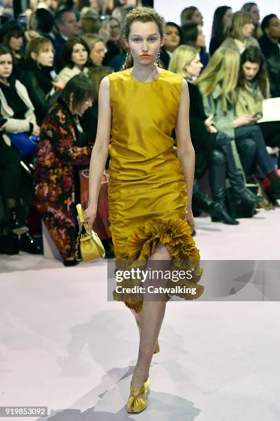 Model walks the runway at the Mulberry Autumn Winter 2018 fashion show during London Fashion Week on February 16, 2018 in London, United Kingdom.