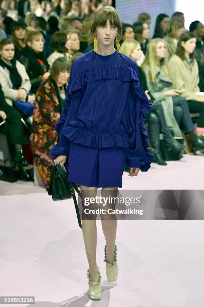 Model walks the runway at the Mulberry Autumn Winter 2018 fashion show during London Fashion Week on February 16, 2018 in London, United Kingdom.