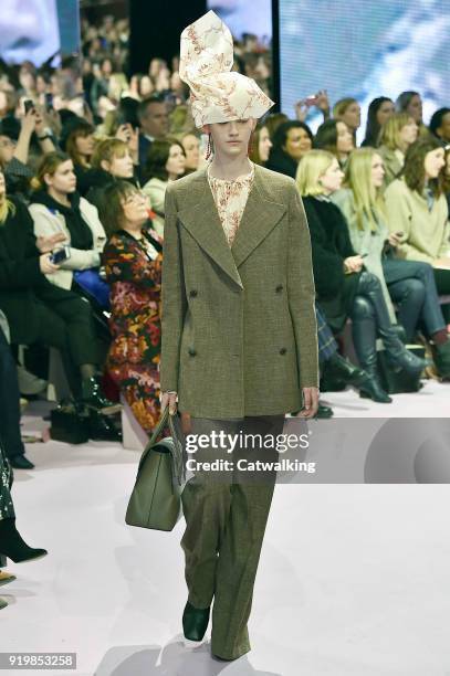 Model walks the runway at the Mulberry Autumn Winter 2018 fashion show during London Fashion Week on February 16, 2018 in London, United Kingdom.