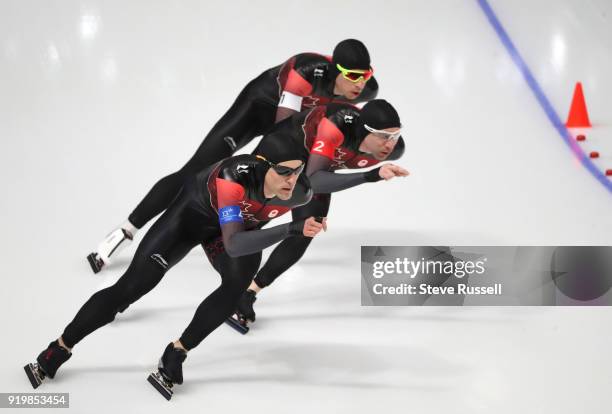 Pyeongchang- FEBRUARY 18 - Team Canada, Jordan Belchos, white armband, Ted-Jan Bloemen, red armband and Denny Morrison, blue armband, compete in the...