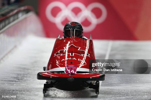 Nick Poloniato and Jesse Lumsden of Canada slide during two-man Bobsleigh heats on day nine of the PyeongChang 2018 Winter Olympic Games at Olympic...