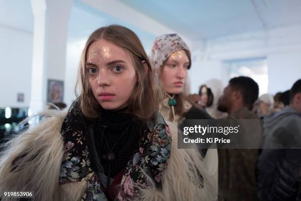 Models backstage ahead of the Preen by Thornton Bregazzi show during London Fashion Week February 2018 at on February 18, 2018 in London, England.