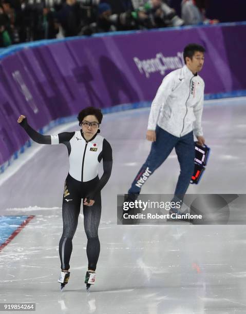 Nao Kodaira of Japan reacts after competeing in the Ladies' 500m Individual Speed Skating Final on day nine of the PyeongChang 2018 Winter Olympic...