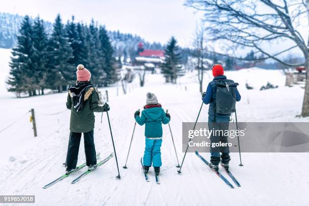 family in snowy winter landscape on cross-country-ski - cross country skis stock pictures, royalty-free photos & images
