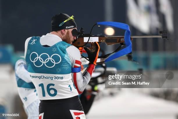 Simon Eder of Austria shoots during the Men's 15km Mass Start Biathlon on day nine of the PyeongChang 2018 Winter Olympic Games at Alpensia Biathlon...