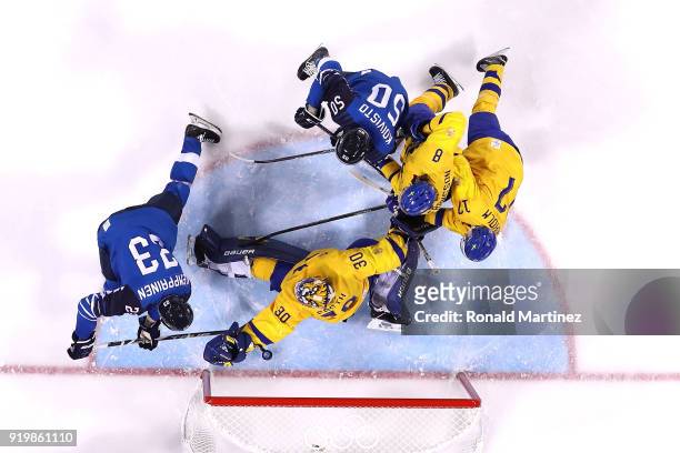 Joonas Kemppainen of Finland scores a goal in the second period against Viktor Fasth of Sweden during the Men's Ice Hockey Preliminary Round Group C...