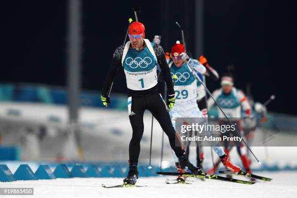 Arnd Peiffer of Germany competes during the Men's 15km Mass Start Biathlon on day nine of the PyeongChang 2018 Winter Olympic Games at Alpensia...