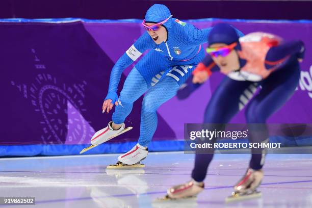 Italy's Francesca Bettrone and Taiwan's Huang Yu-Ting compete in the women's 500m speed skating event during the Pyeongchang 2018 Winter Olympic...