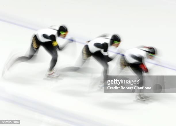 Shane Williamson, Seitaro Ichinohe and Shota Nakamura of Japan compete during theMen's Team Pursuit Speed Skating Quarter Finals on day nine of the...