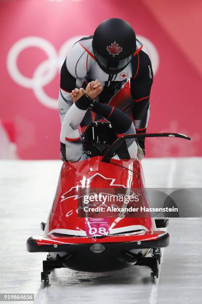 Christopher Spring and Lascelles Brown of Canada slide during two-man Bobsleigh heats on day nine of the PyeongChang 2018 Winter Olympic Games at...