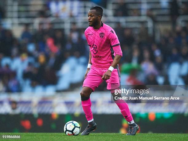 Cheik Doukoure of Levante UD in action during the La Liga match between Real Sociedad and Levante at Estadio de Anoeta on February 18, 2018 in San...