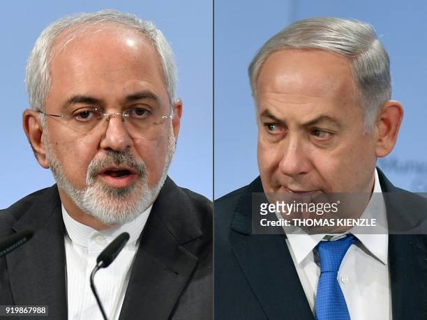 This combination of pictures created on February 18, 2018 shows Iranian Foreign Minister Mohammad Javad Zarif and Israeli Prime Minister Benjamin...