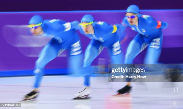 Andrea Giovannini of Italy, Nicola Tumolero of Italy and Riccardo Bugari of Italy compete during the Men's Team Pursuit Speed Skating Quarter Finals...