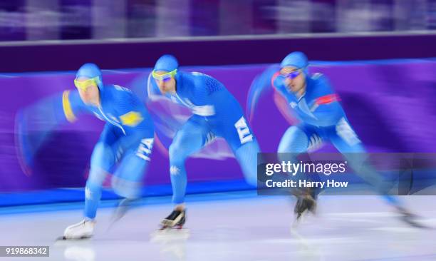 Andrea Giovannini of Italy, Nicola Tumolero of Italy and Riccardo Bugari of Italy compete during the Men's Team Pursuit Speed Skating Quarter Finals...