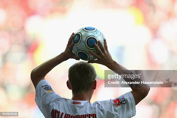 Axel Bellinghausen of Augsburg holds the ball during the Second Bundesliga match between FC Augsburg and Karlsruher SC at Impuls Arena on October 18,...