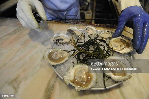 An oyster platter is prepared at New York oyster bar "Aquagrill " in New York October 15, 2009. From October to January, peak season for consumption...