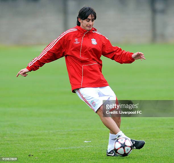 Alberto Aquilani of Liverpool in action during training session, prior to the UEFA Champions League Group E match between Liverpool and Lyon, at...