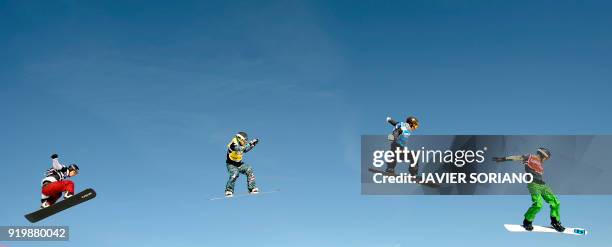 Australian snowboarder Allex Pullin competes ahead of Tony Ramoin from France , Hans Reichen from Switzerland and Hanno Douschan from Austria in the...