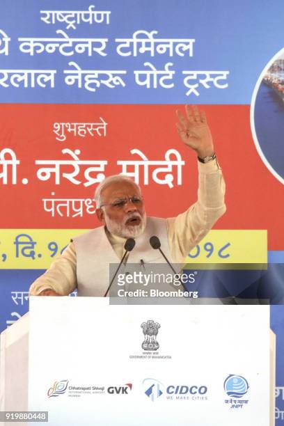 Narendra Modi, India's prime minister, speaks during a ceremony at the site of the new Navi Mumbai International Airport in Navi Mumbai, India, on...
