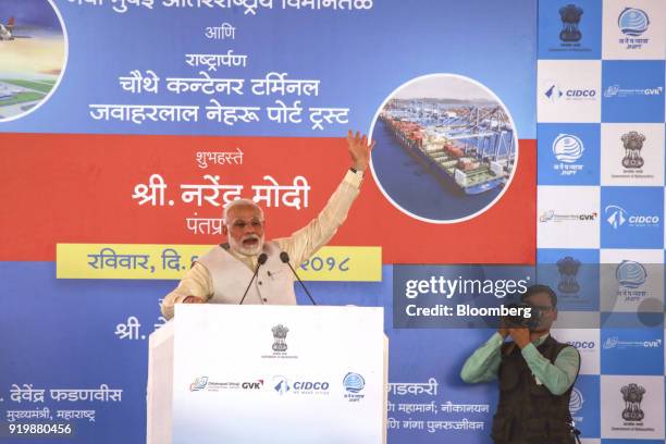 Narendra Modi, India's prime minister, speaks during a ceremony at the site of the new Navi Mumbai International Airport in Navi Mumbai, India, on...