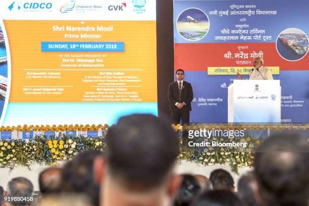 Narendra Modi, India's prime minister, speaks during a ceremony at the site of the new Navi Mumbai International Airport in Navi Mumbai, India, on...