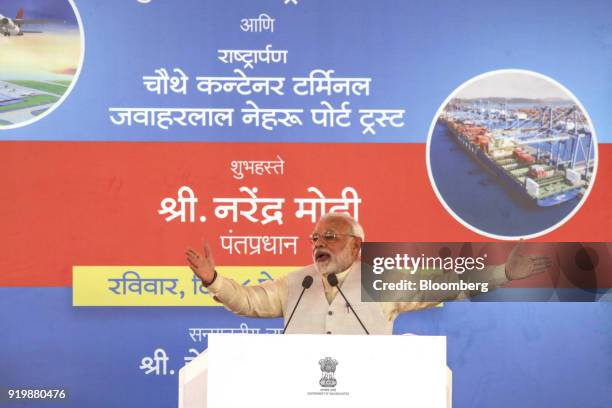 Narendra Modi, India's prime minister, speaks during a ceremony at the site of the new Navi Mumbai International Airport in Navi Mumbai, India, on...